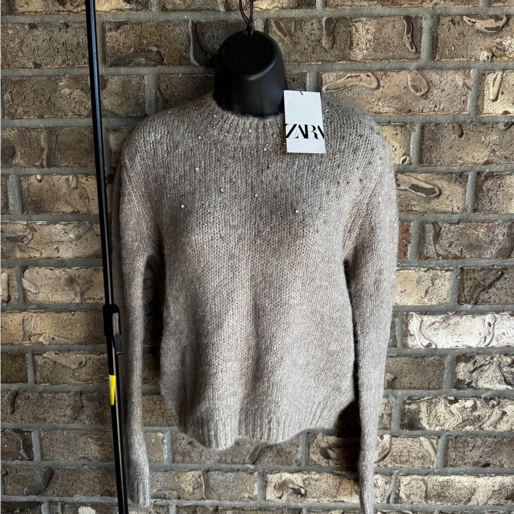 ZARA Beige Gray Rhinestone Knit Sweater Size S Wool Blend NWT